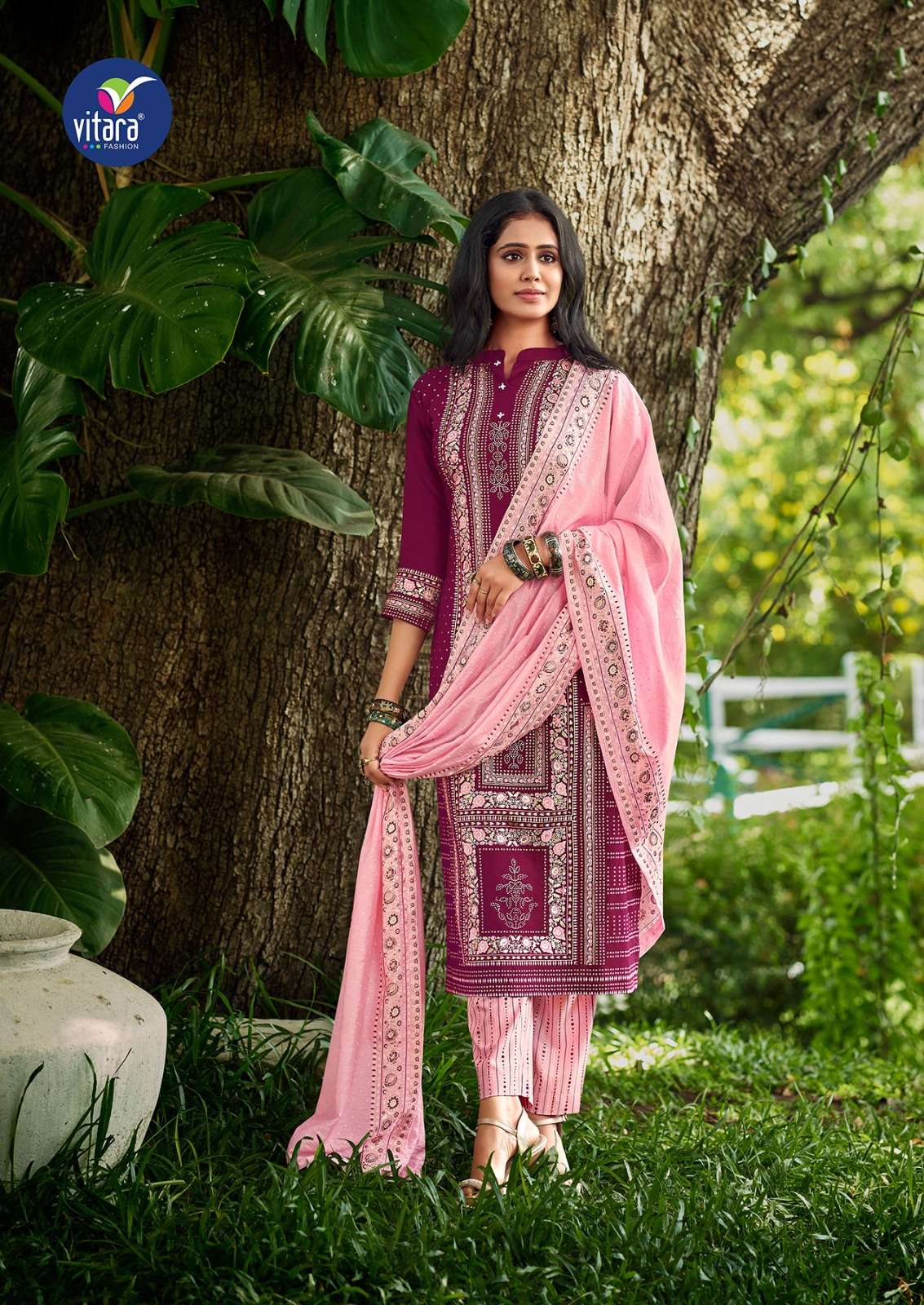 CALISTO HEAVY REYON FOIL PRINT HANDWORK KURTI WITH BOTTOM AND VISCOS CHANDERI DUPATTA BY VITARA FASHION BRAND 1001